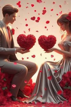 a man and woman sitting on top of a bed of roses holding red heart shaped balloons