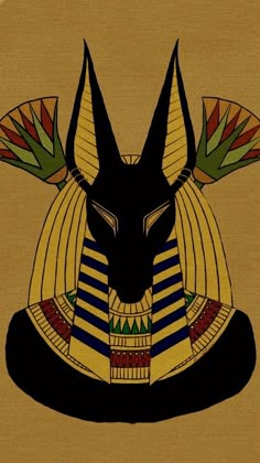 an egyptian mask is shown on a beige background with black and gold details, including the head of an animal