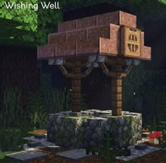 a small wooden structure in the middle of a forest