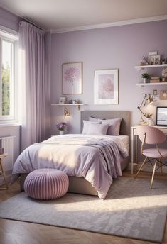 a bedroom with purple walls and white bedding, pink chair, gray rugs