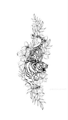 a black and white drawing of a tiger in the wild with flowers on it's back