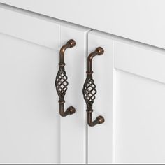 two handles on the front door of a white cabinet with wood trim and metal hardware