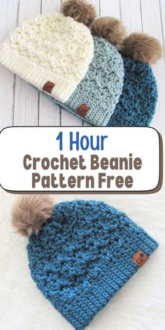 three crochet beanie hats with text overlay that reads, 1 hour crochet beanie pattern free