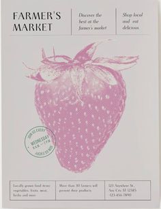 an advertisement for farmer's market with a strawberry on the front and back side