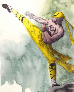 a watercolor painting of a man doing karate