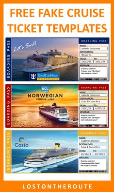 an orange and white flyer with two cruise ships in the ocean, one is for sale