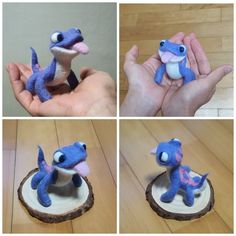 four pictures of a blue toy that looks like a baby geckoe sitting on top of a piece of wood