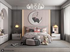 the bedroom is decorated in pink and grey tones with an elephant on the moon above the bed