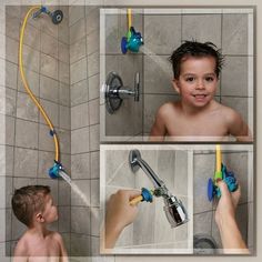 there is a young boy that is playing in the shower