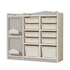 a white cabinet with several bins and shelves