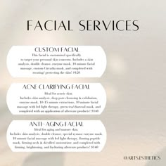 #esthetician #esthetics #estheticsbusiness #estheticianlife #socialmediatips #socialmediadesign #socialmediapost #instagram #inspiration #marketing #contentmarketing #entrepreneur #bossbabe #skincare #facial #glowuptips Express Facial Description, Facial Menu Of Services, Facial Service Menu Ideas, Esthetician Menu Of Services, Esthetician Services List, Esthetician Mood Board, Esthetician Graphics, Esthetician Notes, Esthetician Definition