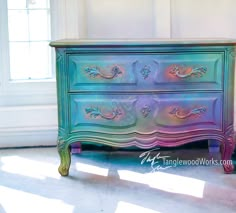 Tanglewood Works Custom Hand Painted Nightstand Whimsical Painted Furniture End Tables, Sunset Painted Furniture, Fantasy Painted Furniture, Bohemian Painted Furniture Ideas, Neon Painted Furniture, Pastel Painted Furniture, Multicolored Furniture, Dresser Ideas Diy, Bookshelf Refurbish Ideas