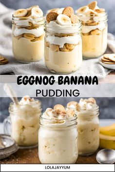 eggnog banana pudding in mason jars with spoons