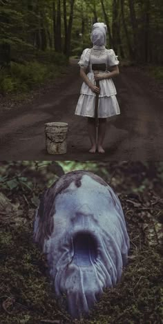 two different pictures one with a woman and the other with an animal's head