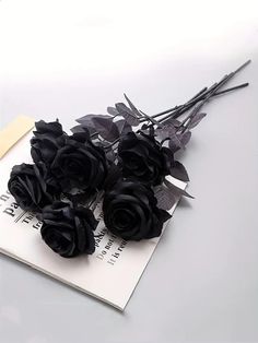 three black roses sitting on top of an open book