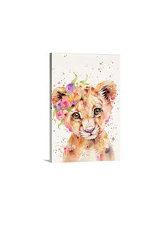 an animal with flowers on it's head is shown in this watercolor painting