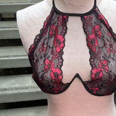 Beautiful New With Tags Halter Bra. Designed With Black And Red Lace Breast Pickets, Underwire Support And A High Neck Strap. Has Classic Bra Closure Behind Back. Backless Great Option When Wearing A Sheer Top Or Dress. Valentine’s Day Or Christmas Gift. Has Festival And Cosplay Vibes Condition Is Flawless We Love Offers. Small, Can Fit 32 Or 34 A B Or C Brand Is Fashion Nova Tags Red Lace Festival Valentine’s Day Christmas Spring Summer Swim Beach Cosplay Red Low-cut Party Bra, Red Underwire Bra For Night Out, Red Fitted Bra For Parties, Red Party Bra, Fitted Red Lace Bra, Fitted Halter Neck Bra For Parties, Beach Cosplay, High Neck Sports Bra, Halter Bra