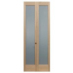 a wooden door with frosted glass on the front and side doors in light wood