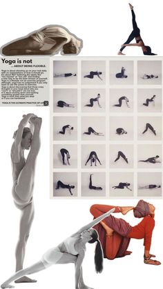 a woman doing yoga poses in front of a white background with black and white images