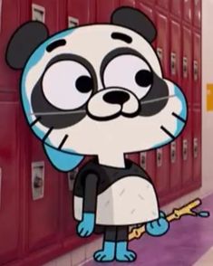 a cartoon panda bear standing next to lockers in a school hallway, with one hand on his hip