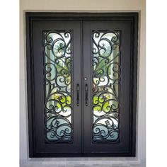 GID thermal break Iron wrought double front doors with one panel glass Wrought Iron Double Doors Front Entry, Double Exterior Doors Front Entry, Iron Door Design Front Entry, Iron Front Door Double, Iron French Doors, Wrought Iron Entry Doors, Double Front Entry Doors, Wrought Iron Front Door, Double Door Entryway