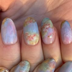 GELX and BIAB Nails on Instagram: "a monet inspired lily pads nails with some cute dreamy skies and gold accents   products used: metallic gold from @sissiofficial_  colours from @kenzico_korea @zillabeau_ca @zillabeau @verygoodnail  apres gelx tips @apresnailofficial  - - - #nailart #torontonailart #monet #monetnails #monetlilypads #monetpainting #nail #nailsofinstagram #hypebae #nailsdesign #naildesigns #nailartist #nails" Impressionist Nail Art, Impressionism Nails, Impressionist Nails, Nails Painting Ideas, Monet Inspired Nails, Monet Nailart, Claude Monet Nails, Cute Nail Colours, Monet Nail