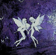 two white fairy - tale angels are holding hands in the dark woods, with bats flying overhead