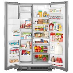 an open refrigerator with its doors wide open and full of food, including milk, juice, and fruit