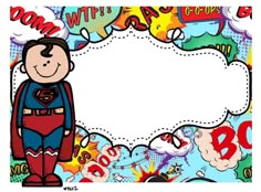 a comic book page with a cartoon superman standing in front of it and an empty space for the text