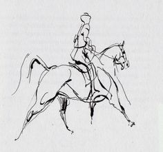 a black and white drawing of a person on a horse