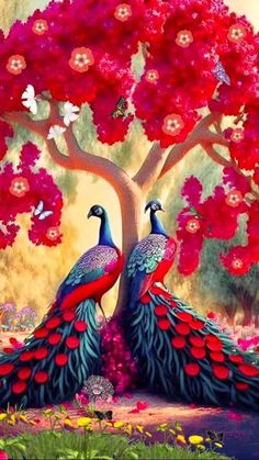 two peacocks are sitting in front of a tree with red flowers and butterflies on it