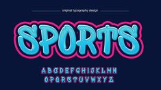 the font and numbers for sports written in graffiti style on a dark background with pink and blue