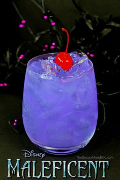 a purple drink with a cherry on top and the words maleficent above it