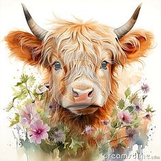 a painting of a cow with horns and flowers