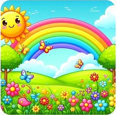 a rainbow in the sky with flowers and butterflies