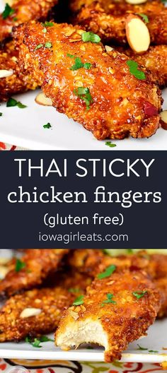 thai sticky chicken fingers on a plate with almonds