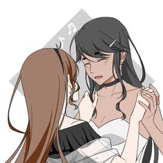 two women are hugging each other and one is wearing a white dress with black trims