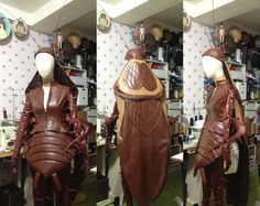 three different views of a woman's dress made out of leather