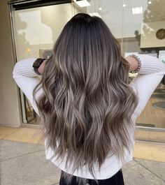 Blended Ash Brown Hair, Dark Brunette Ash Balayage Hair, Super Ashy Brown Hair, Dimensional Brunette Mushroom, Ashy Brown Balayage On Dark Hair, Reverse Balayage Ash Brown, Ash Brown Hair Lowlights, Ash Brown Hair With Dark Roots, Partial Balayage Ash Brown