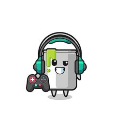 a cartoon character with headphones holding a game controller in his hand and playing video games