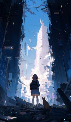 a person standing in the middle of a city with a cat looking up at it