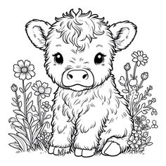 a cute little cow sitting in the grass with flowers