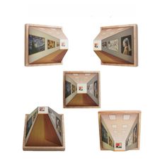 four wooden frames with paintings on them in the shape of an art gallery, set against a white background