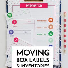 moving box labels and inventory key on a clipboard with text overlay that reads moving box labels and inventory key