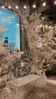 a white bench sitting in front of a window covered in frosted branches and flowers