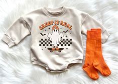 Halloween Creep it Real Graphic is perfect for any baby girl or Baby Boy this Halloween season. The bubble romper is super soft cotton. You can either get the romper only or you can add the socks from the drop down menu  HOW TO ORDER  *  Select your options from the Drop Downs *  ADD TO CART If you have any questions or need a different design on the romper, please message us for details. Fall Onesie For Playwear, Fall Long Sleeve Onesie With Letter Print, Cute Halloween Onesie For Playtime, Cute Long Sleeve Onesie With Graphic Print, Infant Halloween Outfits, Fall Long Sleeve Letter Print Onesie, Long Sleeve Cotton Onesie For Halloween, First Halloween Onesie, Newborn Halloween Outfits