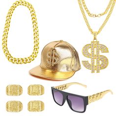 PRICES MAY VARY. 【80s 90s Costumes Outfit】The parcel contains a twist leg punk sunglasses,a fake gold chain,a pcs dollar pendant necklace,4 pcs kanji blessing lucky gold plated rings and a hip hop hat.Funny costume set for your 80s, 90s dress up, you'll be eye-catching in 80s or 90s theme parties. 【High Quality】The rings and the dollar necklace is made of High quality alloy material, low -sensitivity, will not stimulate your skin.The big chunky fake gold chain is made of acrylic，which is allergy Cheap Hip Hop Style Snapback Fitted Hat, Cheap Hip Hop Hat With Curved Bill, Affordable Hip Hop Fitted Hat For Sports Events, Yellow Astros Fitted Hat, Cheap Hip Hop Fitted Hat For Sports Events, Cheap Hip Hop Dad Hat One Size Fits Most, Cheap Hip Hop Hats With Curved Bill, Cheap Hip Hop Hats With Flat Bill, Luxury Gucci Men's Baseball Cap