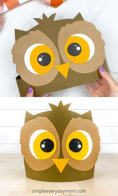 an owl craft made out of cardboard and cut into the shape of a box with eyes