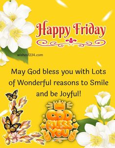 happy friday greeting card with flowers and butterflies on yellow background for the day of joy