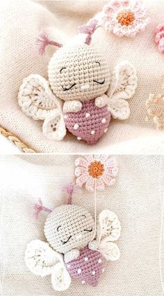 crocheted angel ornament with flowers on the bottom and in the middle